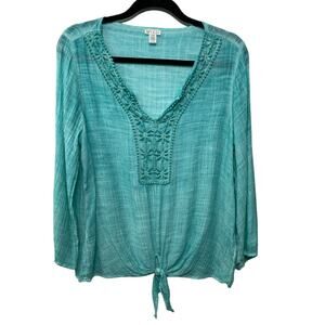 Spense Embroidered‎ Floral Blouse Top Pullover Teal Blue M Peasant Boho Festival